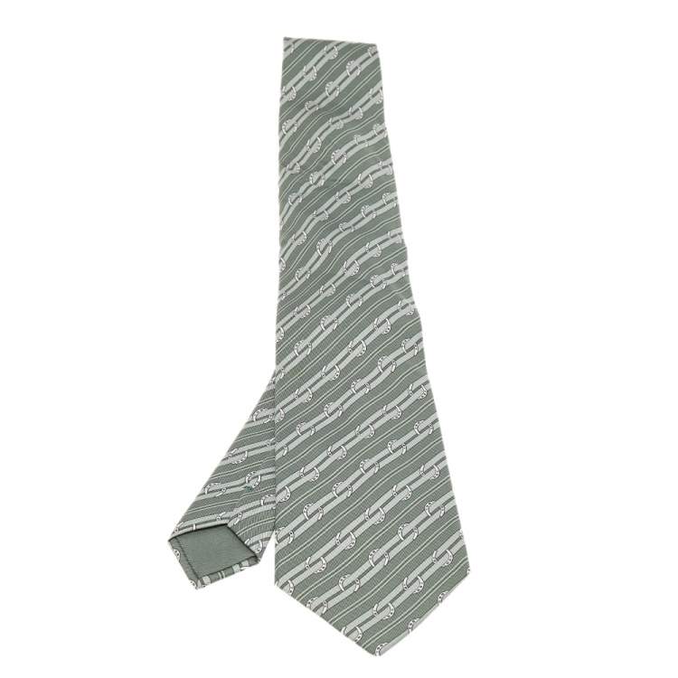Pre Owned Hermes Green Diagonal Striped Horsebit Printed Silk Tie