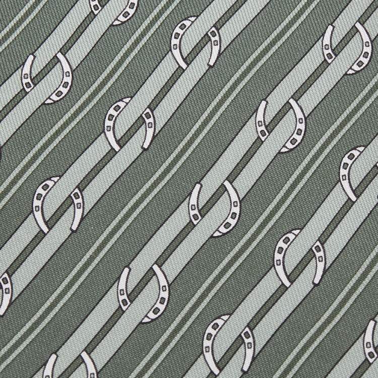 Pre Owned Hermes Green Diagonal Striped Horsebit Printed Silk Tie