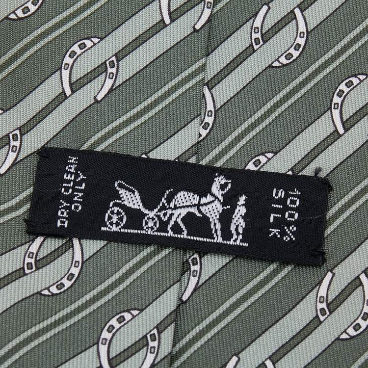 Pre Owned Hermes Green Diagonal Striped Horsebit Printed Silk Tie