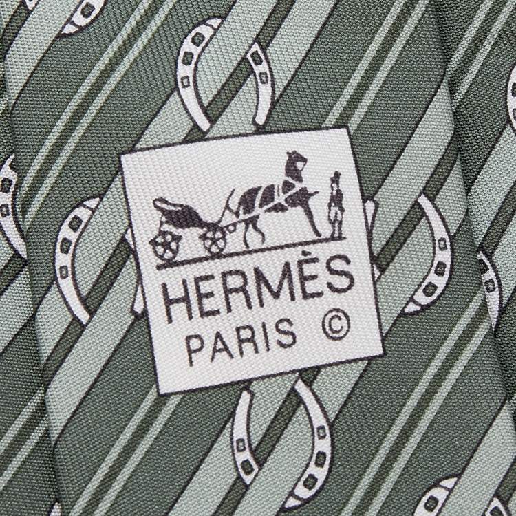 Pre Owned Hermes Green Diagonal Striped Horsebit Printed Silk Tie