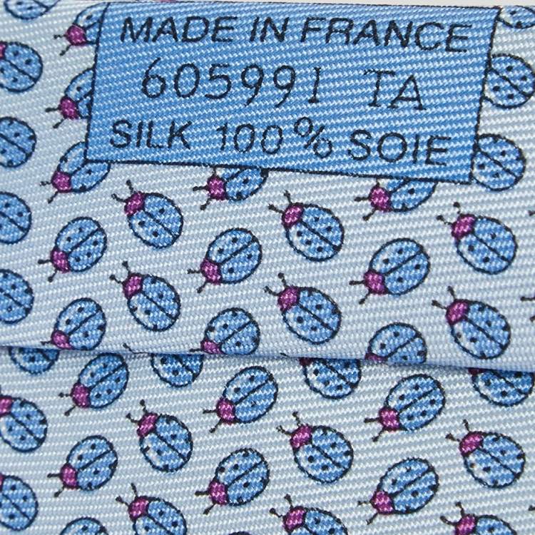 Pre Owned Hermès Pale Blue Ladybug Print Silk Tie