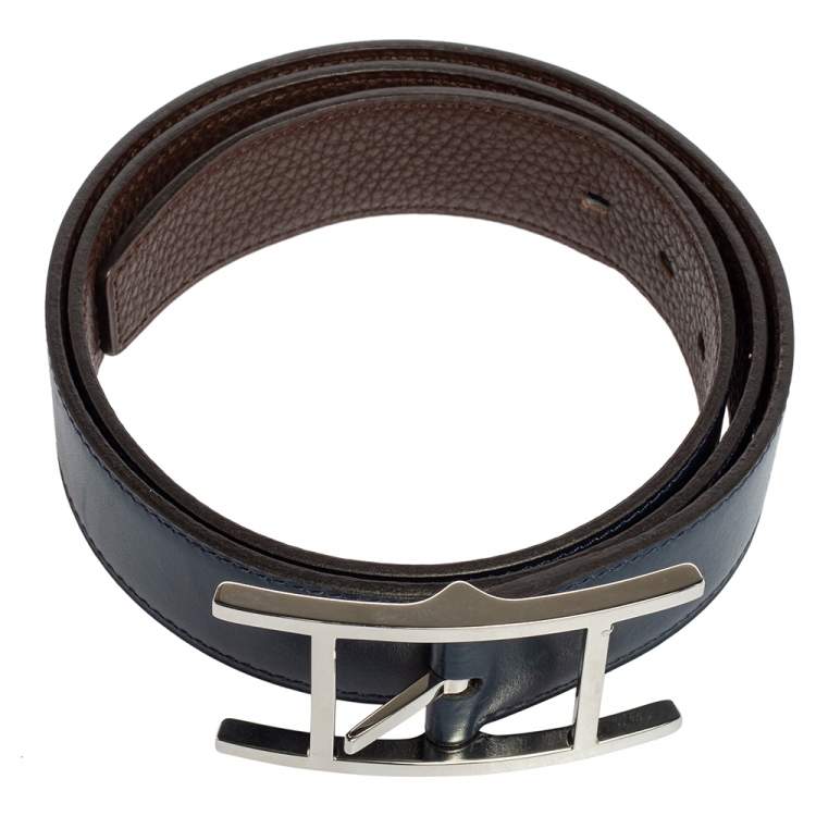 Pre Owned Hermes Chocolat/Bleu de Presse Box and Togo Leather Quentin H Reversible Belt 85CM