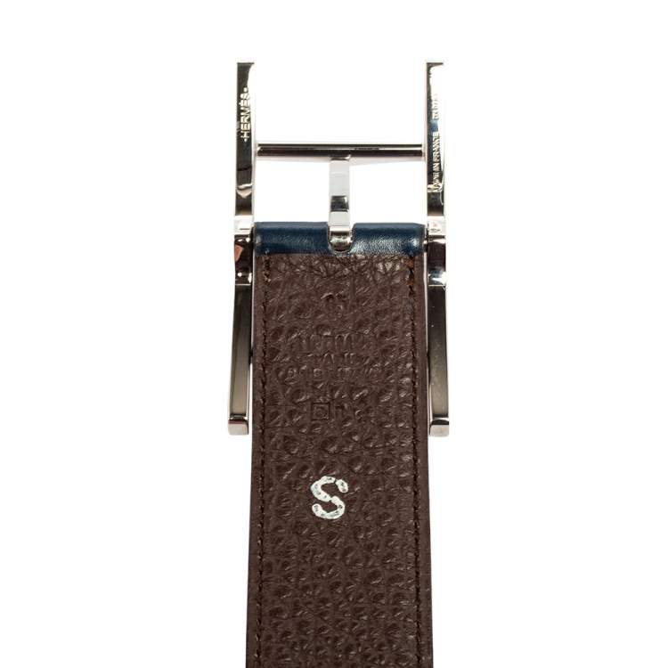 Pre Owned Hermes Chocolat/Bleu de Presse Box and Togo Leather Quentin H Reversible Belt 85CM