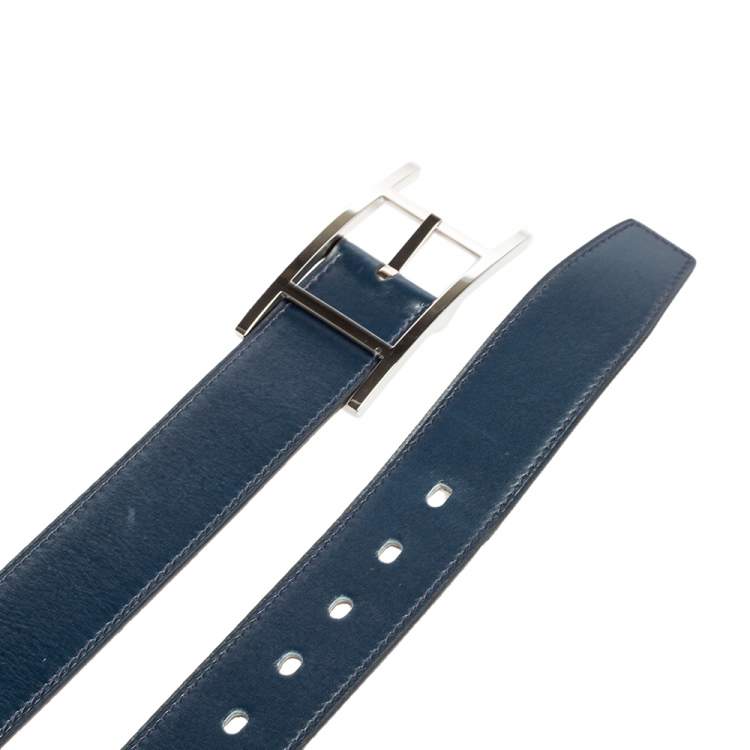 Pre Owned Hermes Chocolat/Bleu de Presse Box and Togo Leather Quentin H Reversible Belt 85CM
