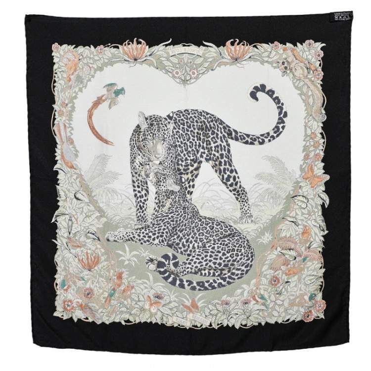 Pre Owned Hermès Black & Cream Jungle Love Silk Gavroche Scarf