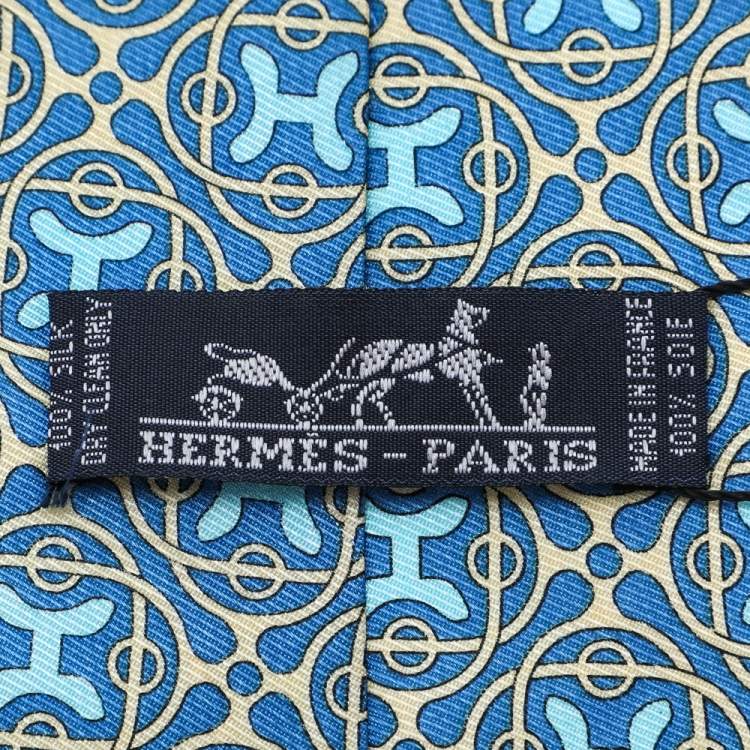 Pre Owned Hermes Blue H Logo Print Silk Tie