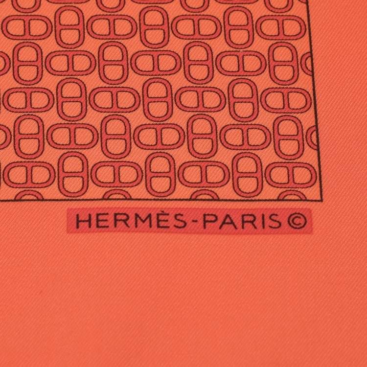 Pre Owned Hermes Orange Chaine D'Ancre Silk Pocket Square