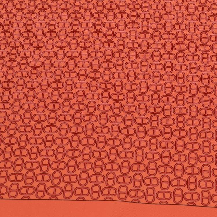 Pre Owned Hermes Orange Chaine D'Ancre Silk Pocket Square