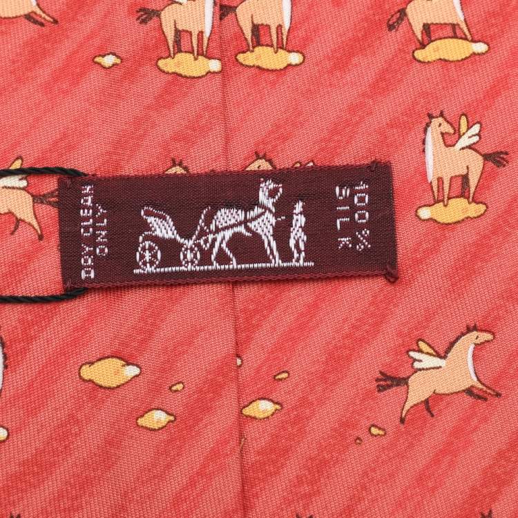 مملوكة مسبقًا Hermes Orange Pegasus Printed Silk Tie 
