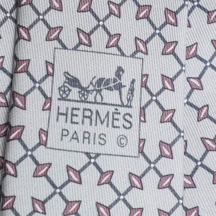 Pre Owned  Hermes Grey Diamond Patterned Silk Jacquard Tie