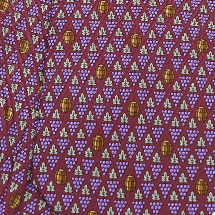 Pre Owned Hermes Magenta Grapes & Barrel Printed Silk Tie