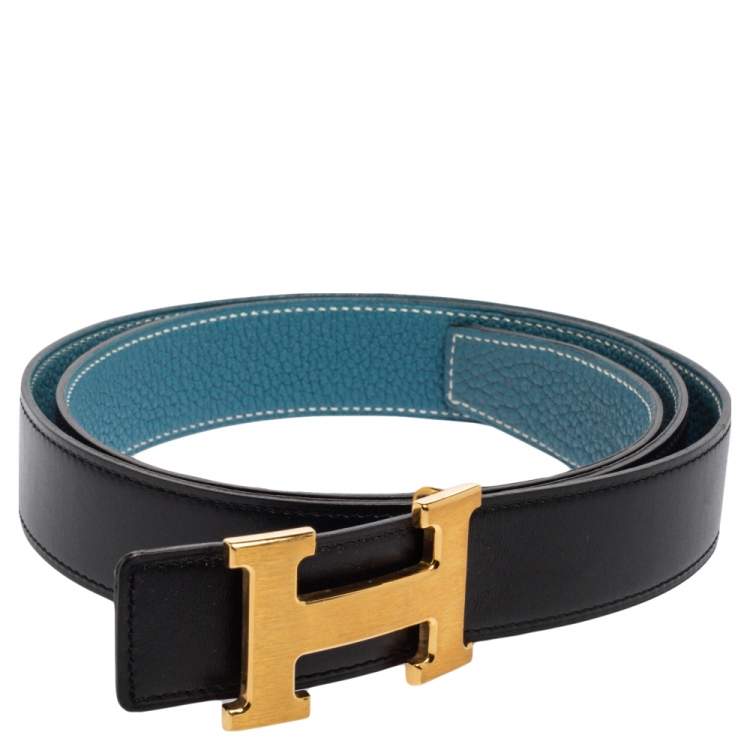 Pre Owned Hermes Black/Bleu Jean Togo and Chamonix H Buckle Reversible Belt 105CM
