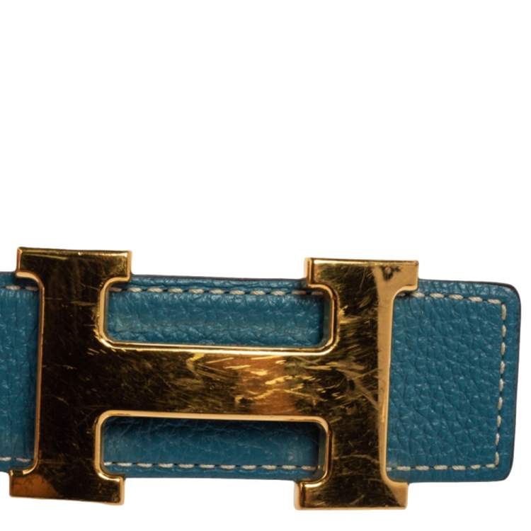 Pre Owned Hermes Black/Bleu Jean Togo and Chamonix H Buckle Reversible Belt 105CM