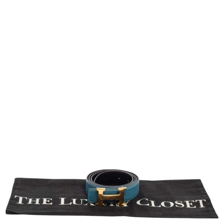 Pre Owned Hermes Black/Bleu Jean Togo and Chamonix H Buckle Reversible Belt 105CM