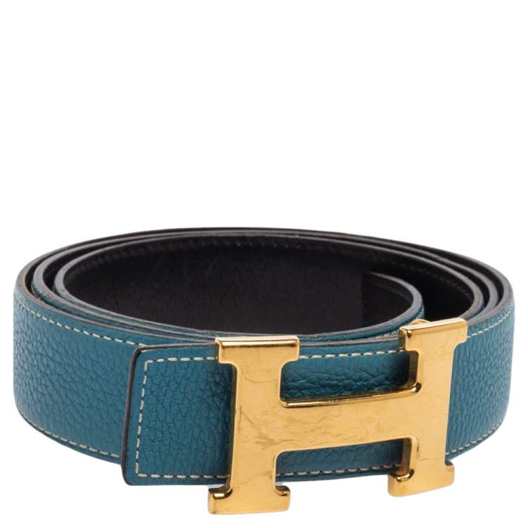 Pre Owned Hermes Black/Bleu Jean Togo and Chamonix H Buckle Reversible Belt 105CM