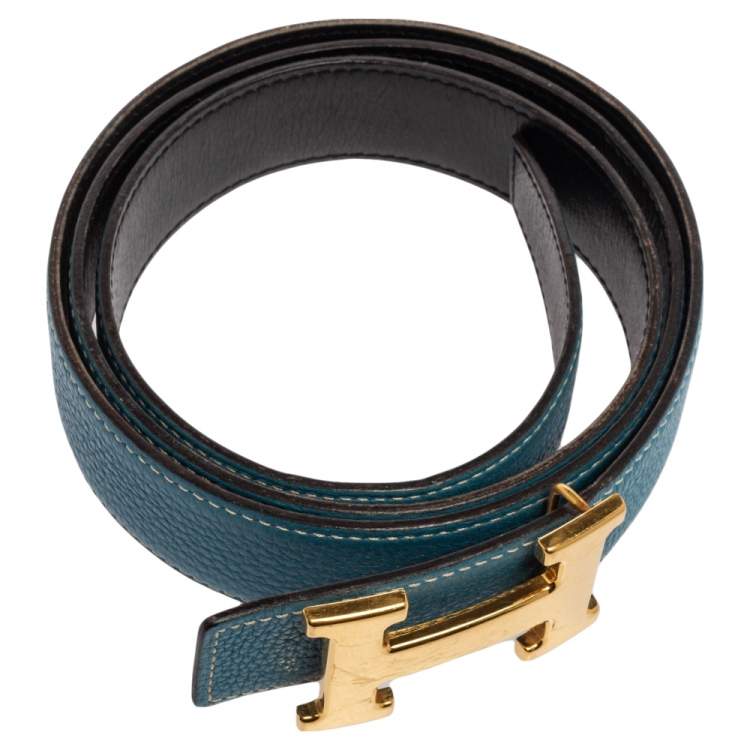 Pre Owned Hermes Black/Bleu Jean Togo and Chamonix H Buckle Reversible Belt 105CM
