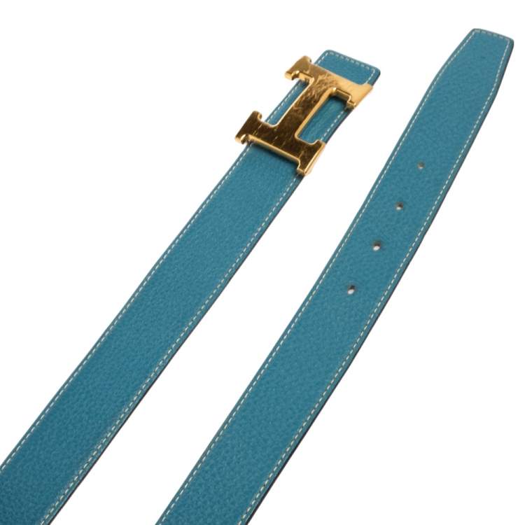 Pre Owned Hermes Black/Bleu Jean Togo and Chamonix H Buckle Reversible Belt 105CM