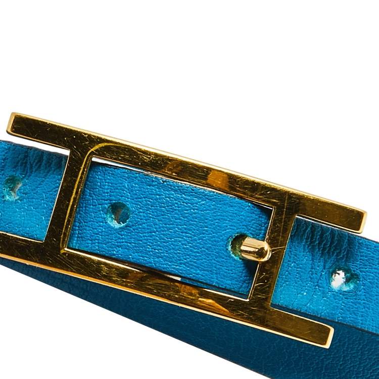 Pre Owned Hermès White & Blue Leather Gold Plated Behapi Double Tour Bracelet