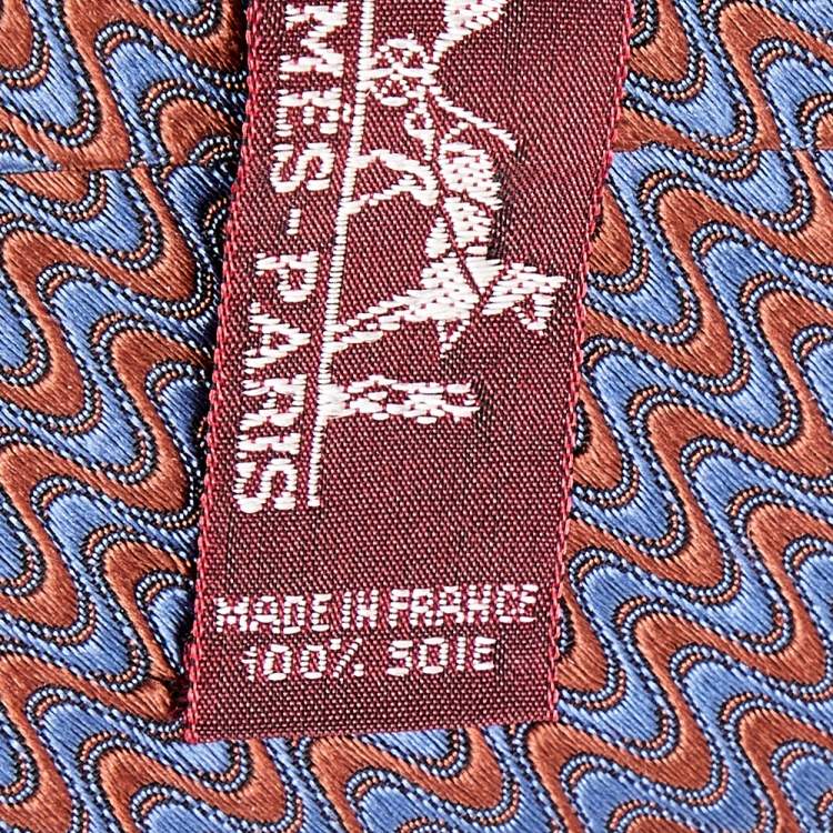 Pre Owned Hermes Grey & Brown Wave Patterned Silk Jacquard Tie
