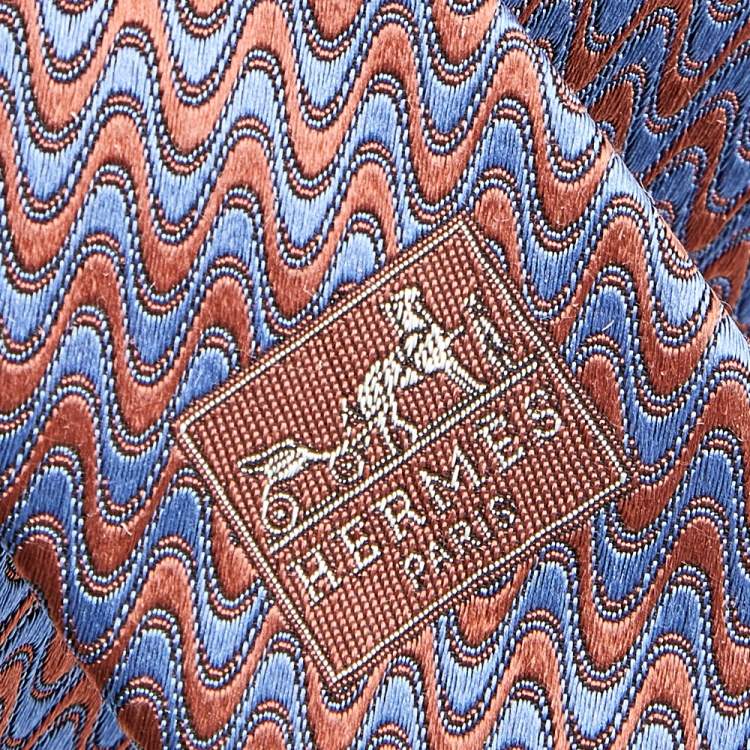 Pre Owned Hermes Grey & Brown Wave Patterned Silk Jacquard Tie