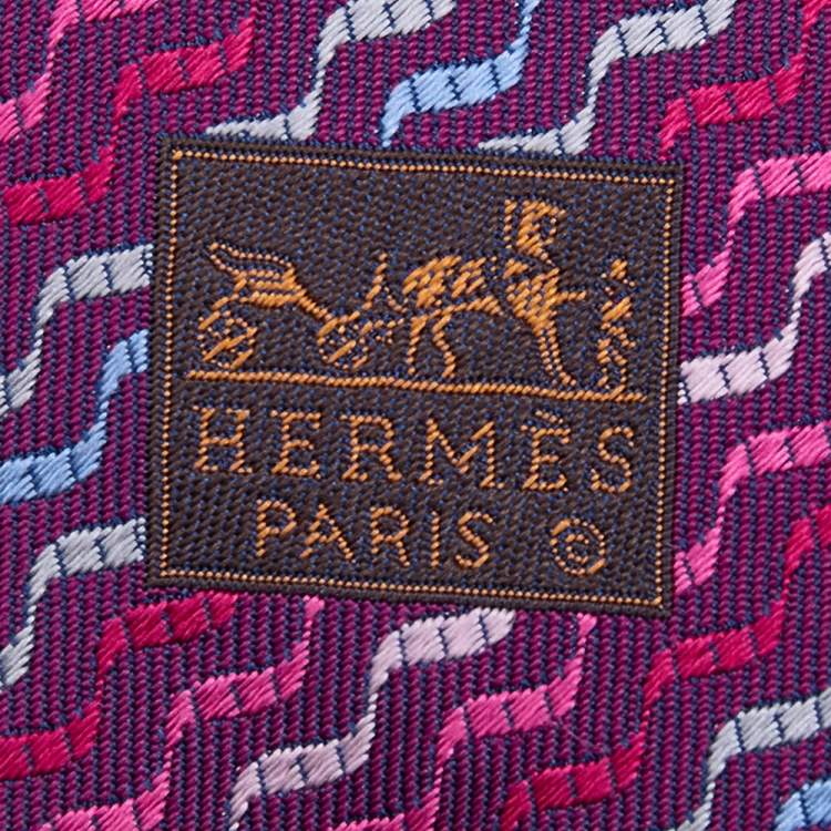 Pre Owned Hermes Purple Wave Pattern Silk Jacquard Tie