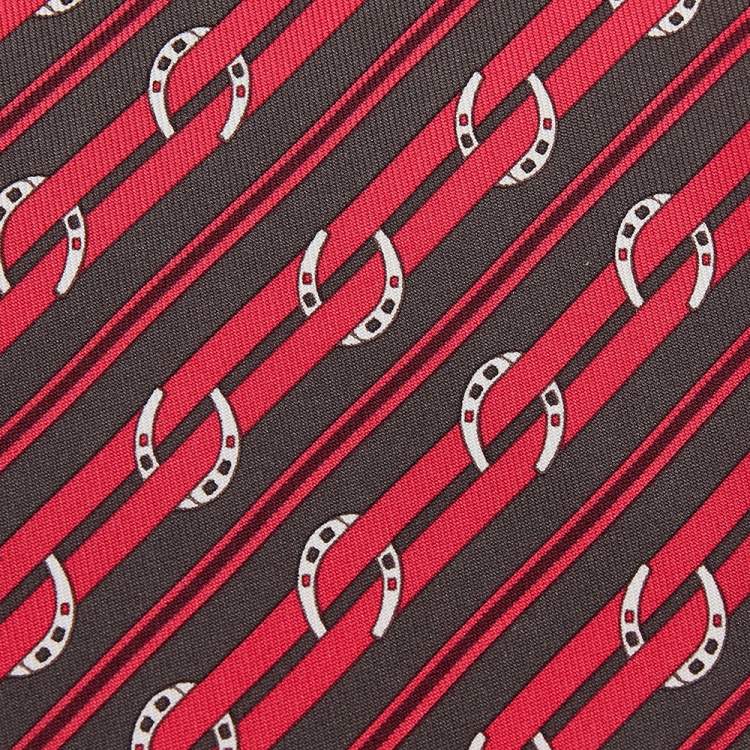 Pre Owned Hermes Red Horsebit Stripe Printed Silk Tie
