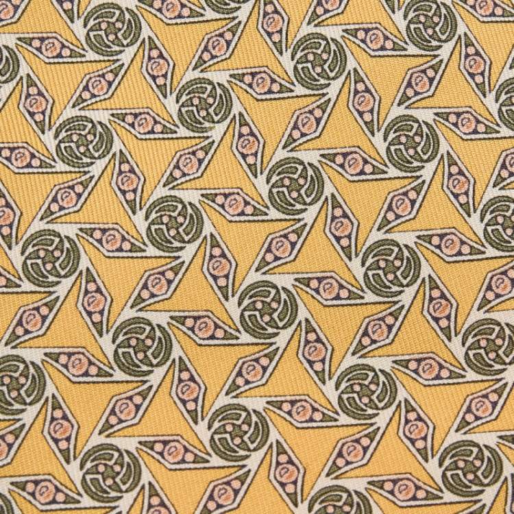 Pre Owned Hermes Yellow Geometric Floral Printed Silk Tie