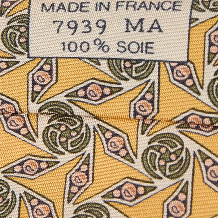 Pre Owned Hermes Yellow Geometric Floral Printed Silk Tie