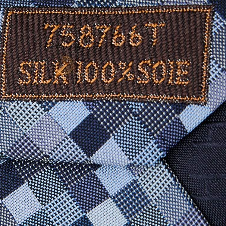 Pre Owned Hermes Navy Blue Basket Weave Pattern Silk Jacquard Tie