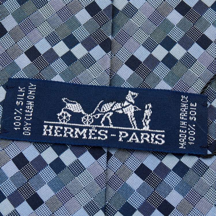Pre Owned Hermes Navy Blue Basket Weave Pattern Silk Jacquard Tie