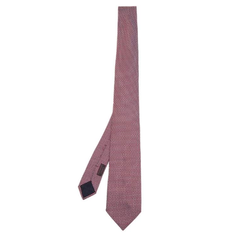 Pre Owned Hermès Red Geometric Patterned Jacquard Silk Tie