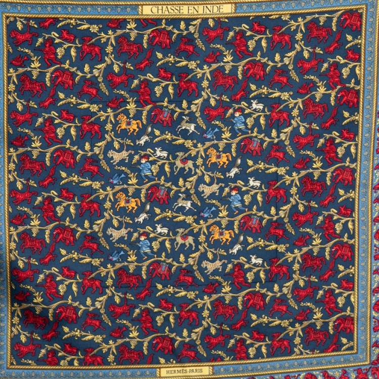 Pre Owned Hermes Multicolor Chasse En Inde Printed Silk Pocket Square