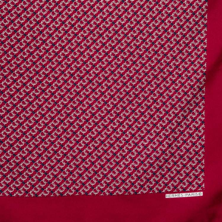 Pre Owned Hermes Red Geometric Printed Silk Pocket Square