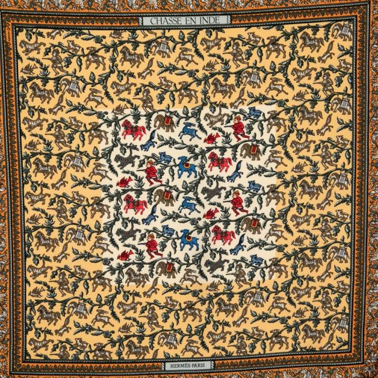Pre Owned Hermes Yellow Chasse En Inde Printed Silk Pocket Square