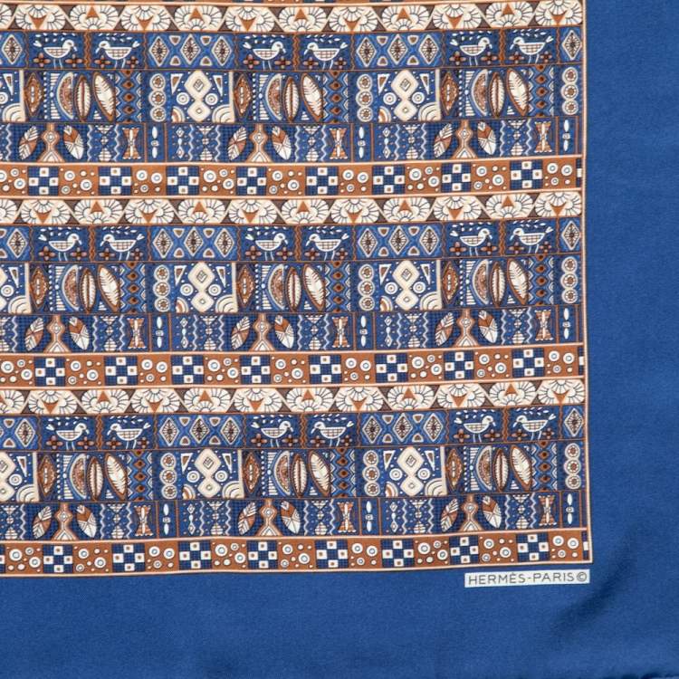 Hermes Navy Blue Printed Silk Pocket Square Hermes