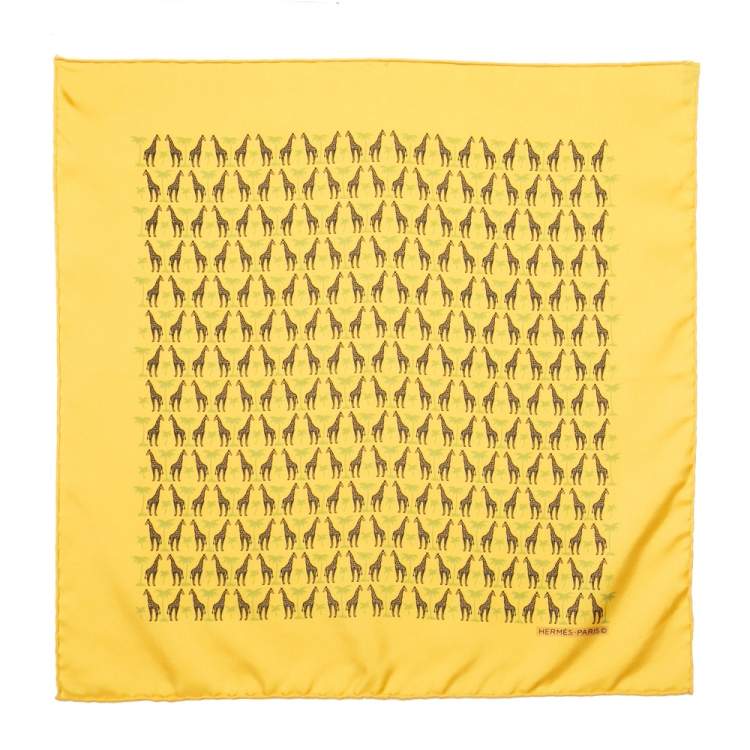 Pre Owned Hermes Yellow Palm & Giraffe Printed Silk Pocket Square