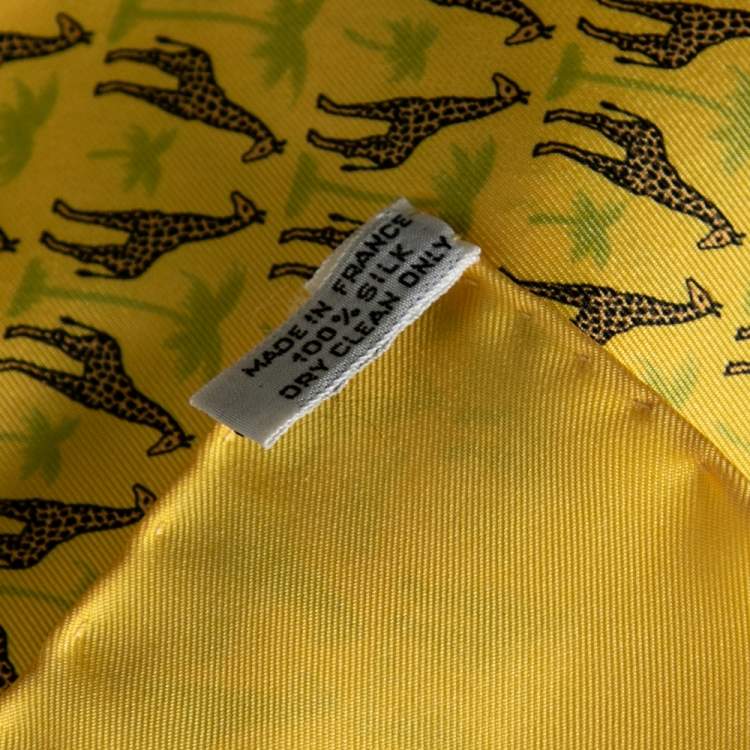 Pre Owned Hermes Yellow Palm & Giraffe Printed Silk Pocket Square
