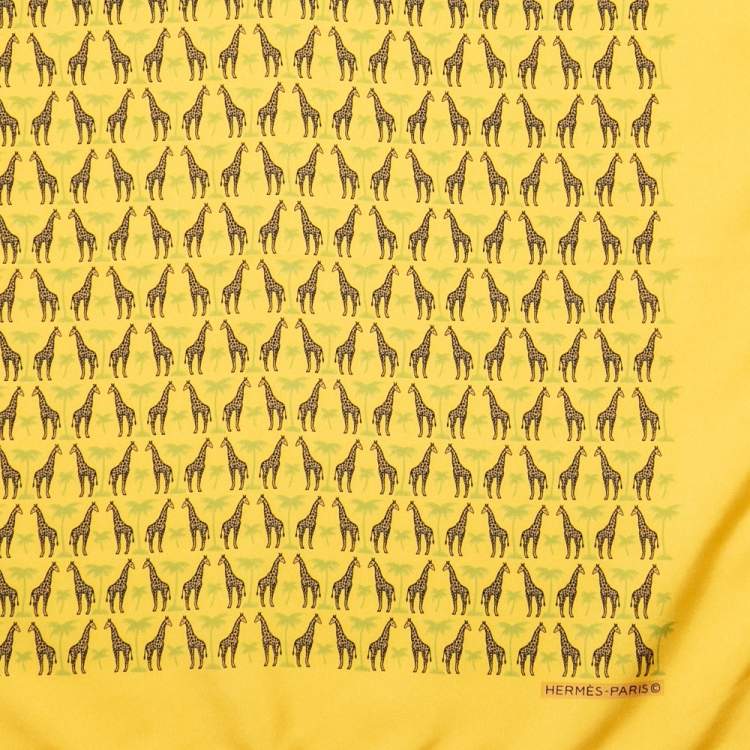 Pre Owned Hermes Yellow Palm & Giraffe Printed Silk Pocket Square