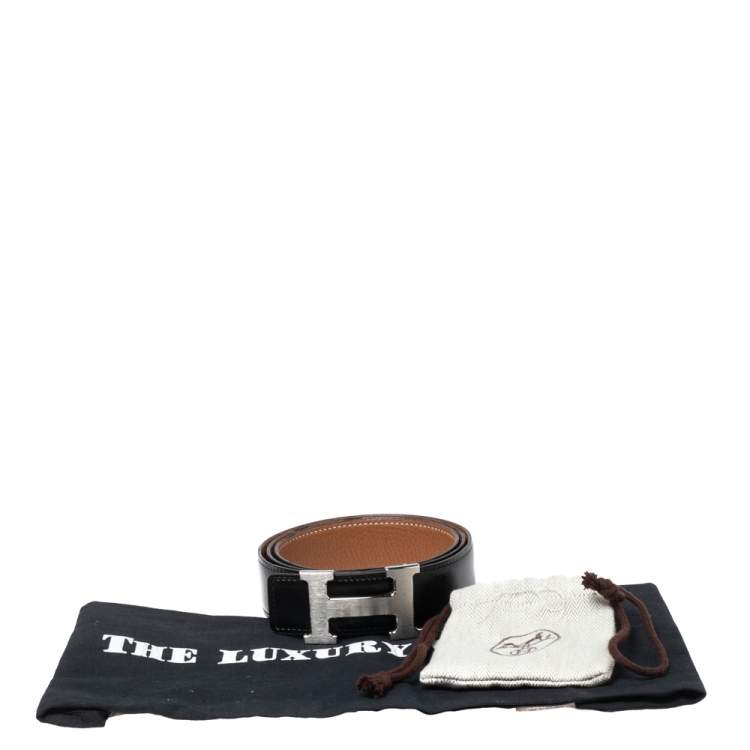 Pre Owned Hermes Black/Gold Box and Togo Leather H Buckle Reversible Belt 95CM