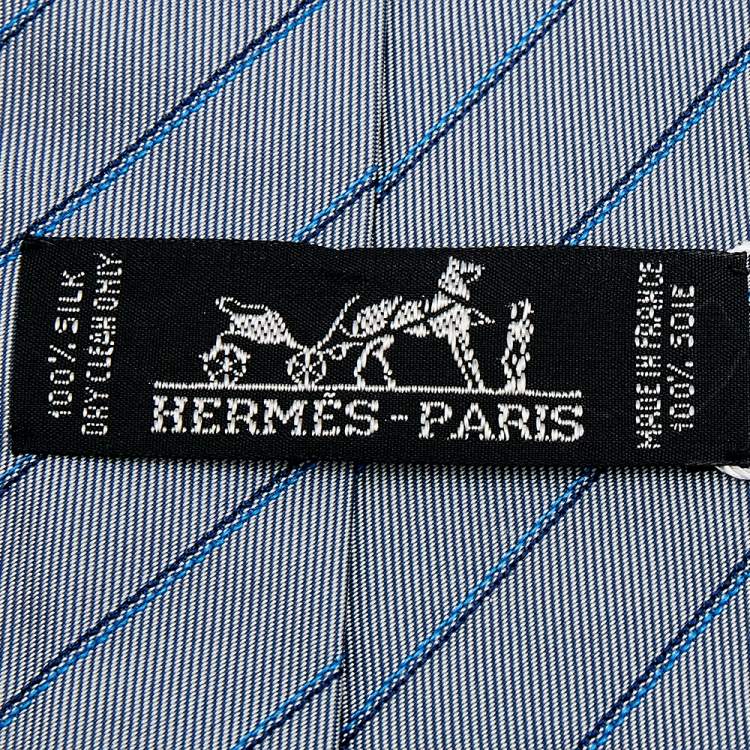 Pre Owned Hermes Bluish Grey Striped Silk Jacquard Tie