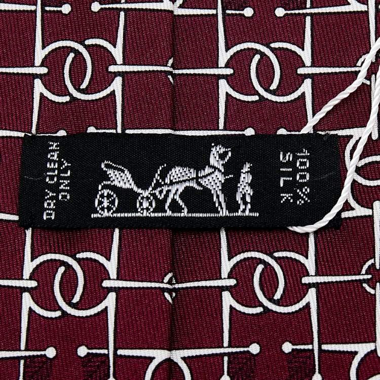 Pre Owned Hermes Burgundy Interlocking H Printed Silk Tie 