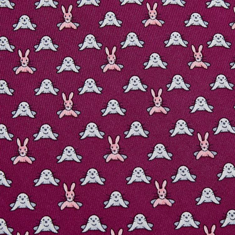 Pre Owned Hermes Magenta Rabbit & Seal Printed Silk Tie 