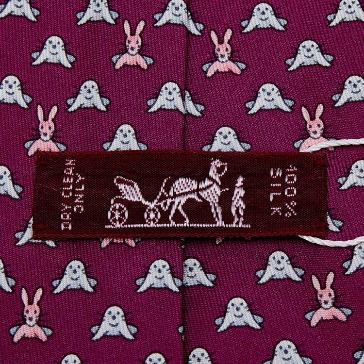 Pre Owned Hermes Magenta Rabbit & Seal Printed Silk Tie 