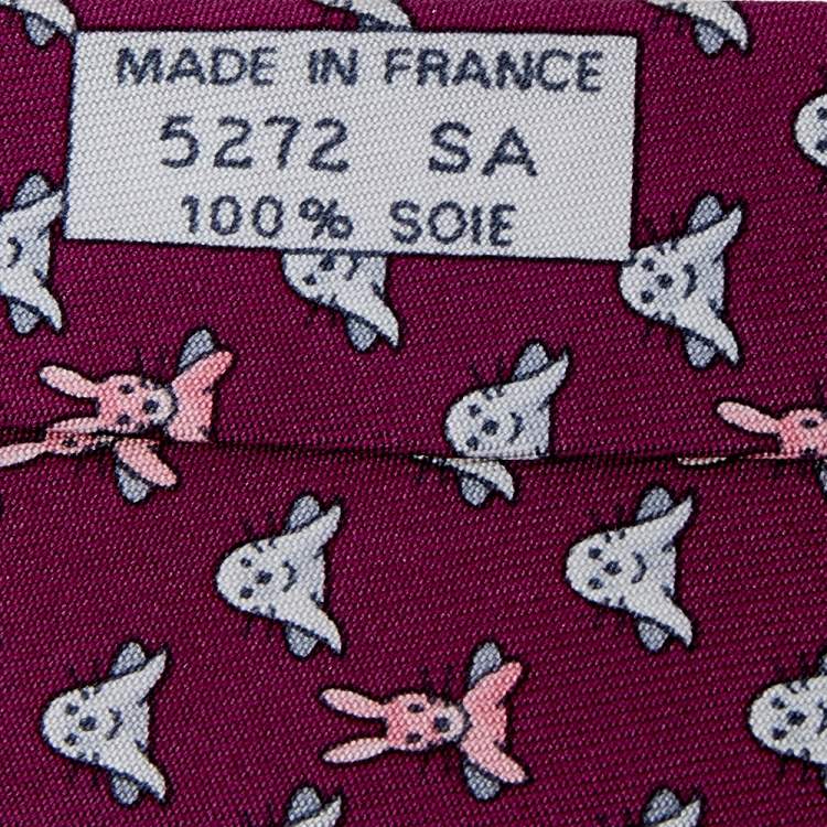 Pre Owned Hermes Magenta Rabbit & Seal Printed Silk Tie 
