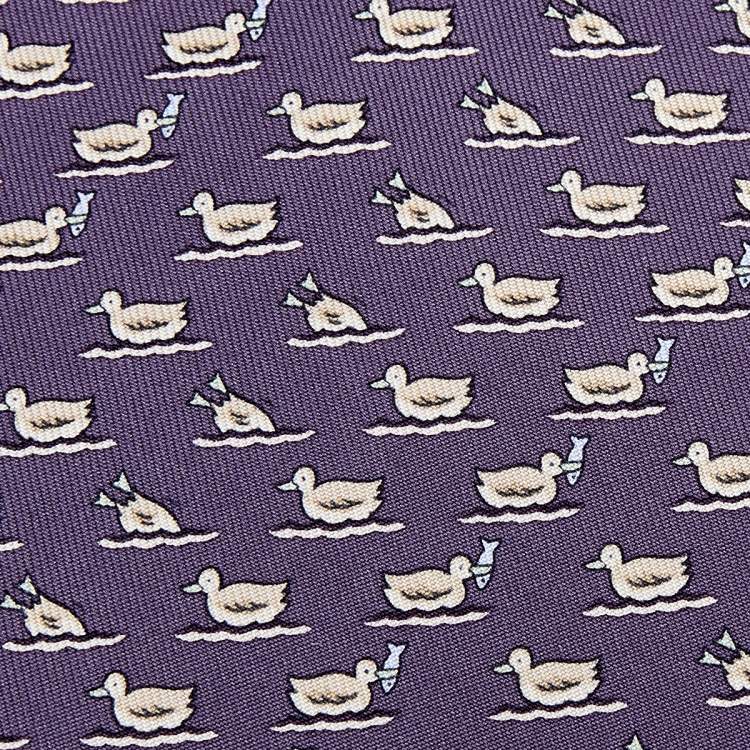 Pre Owned Hermes Lavender Blue Duck Printed Silk Tie