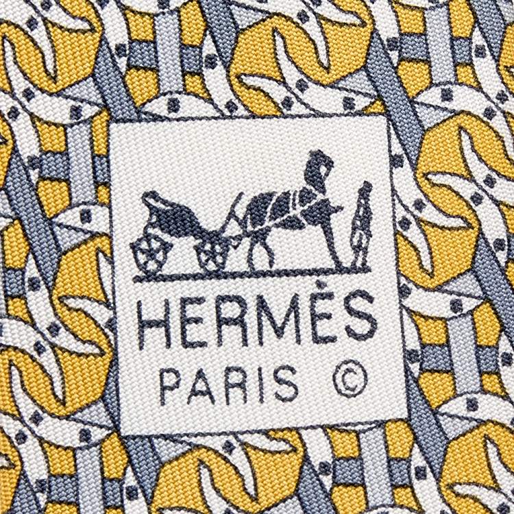 Pre Owned Hermes Yellow Interlocking Horseshoe Printed Silk Tie 