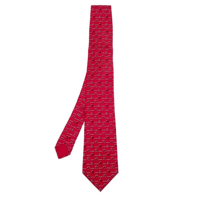 Pre Owned Hermes Red Seashell & Fish Printed Silk Tie 