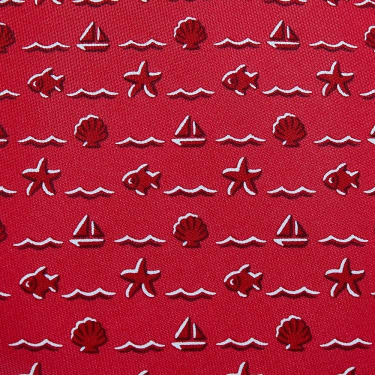 Pre Owned Hermes Red Seashell & Fish Printed Silk Tie 
