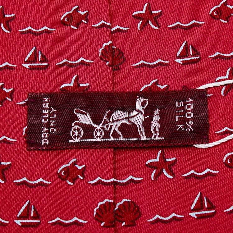 Pre Owned Hermes Red Seashell & Fish Printed Silk Tie 