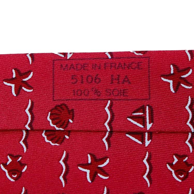 Pre Owned Hermes Red Seashell & Fish Printed Silk Tie 